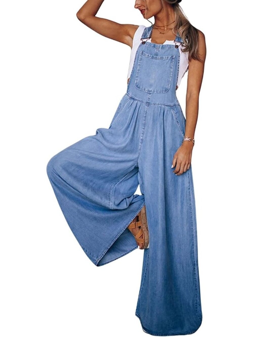 Women's Blue2 Casual Ripped Adjustable Denim Overalls Baggy Wide Leg Jumpsuit